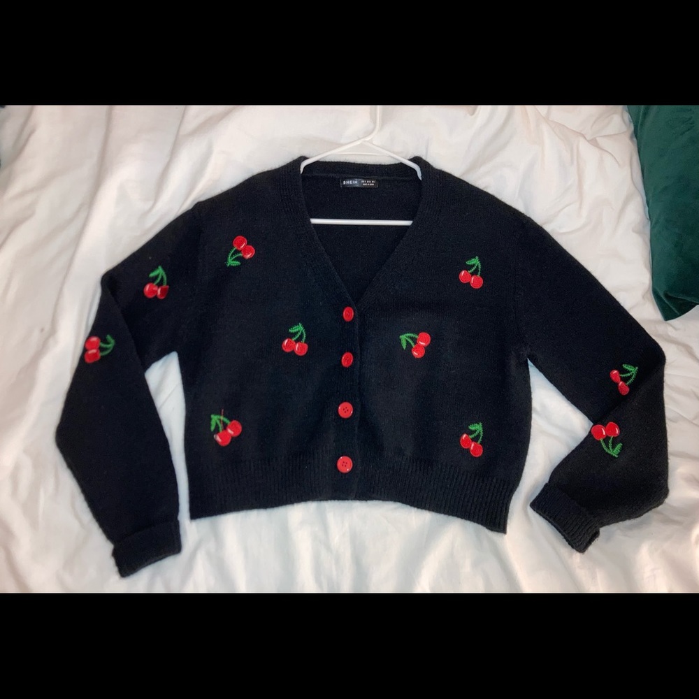 Black cherry print cardigan with red buttons